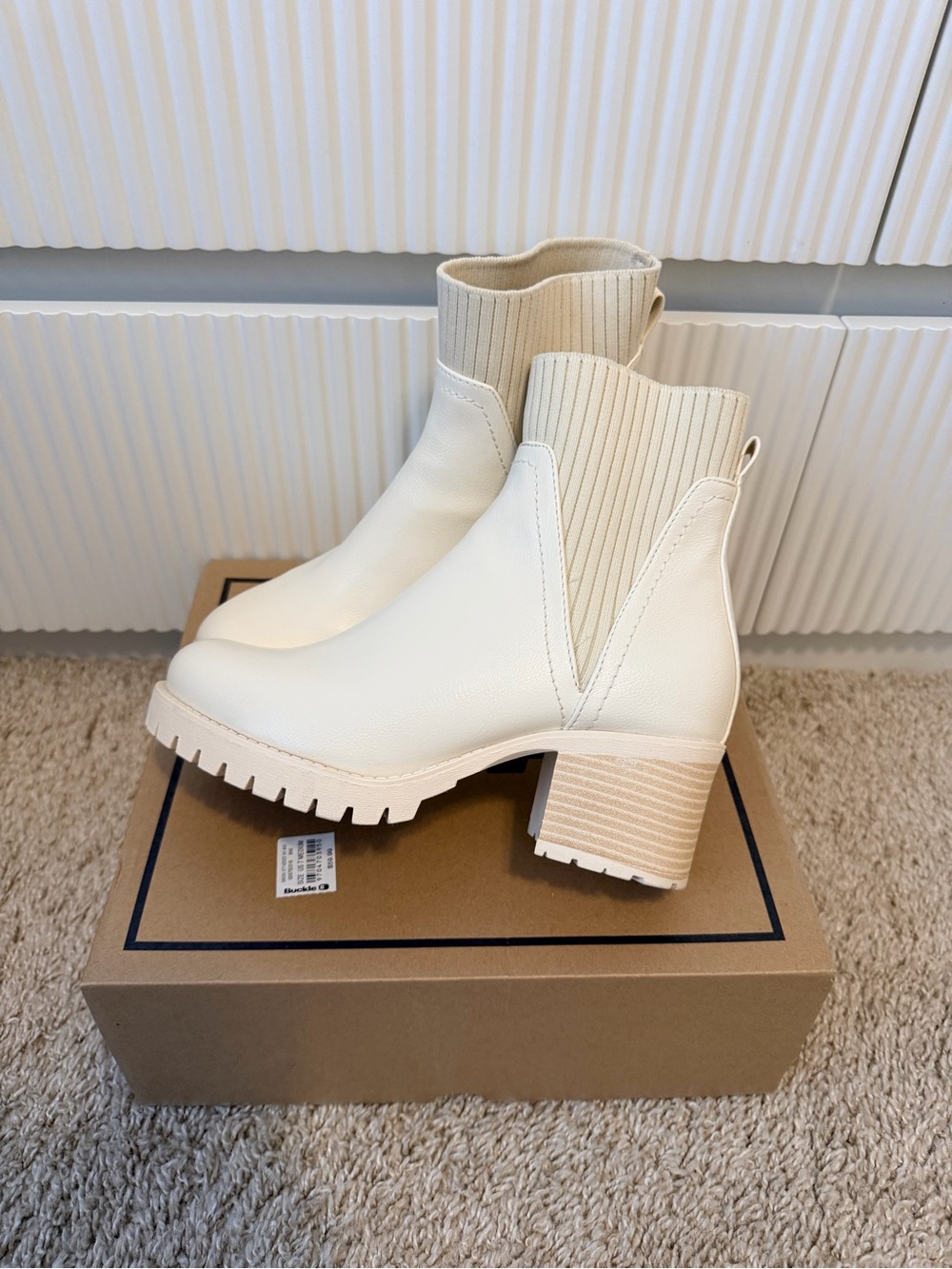 Buckle Cream Rib-Knit Chelsea Block Heel Ankle Boots